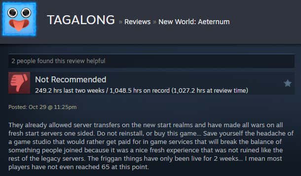 Image of the article titled New World: Eternal, as described in a Steam review